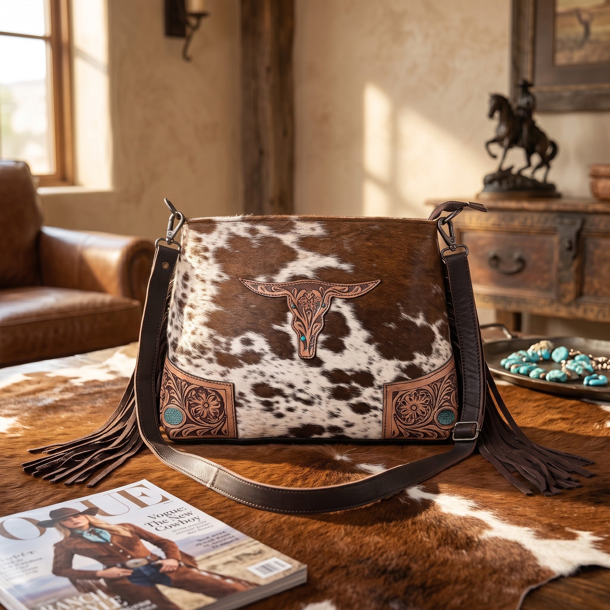 Bull's Eye Fringed  Western Cowhide Leather Bag