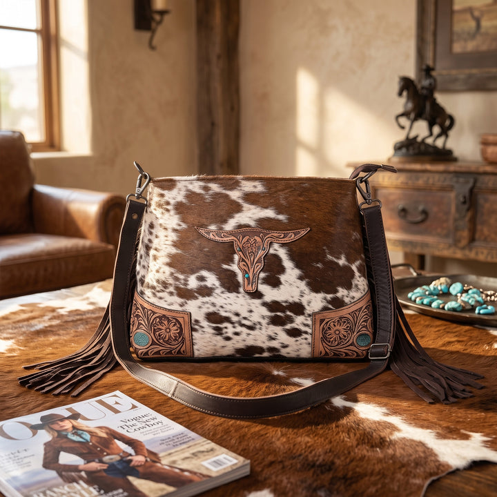 Bull's Eye Fringed  Western Cowhide Leather Bag