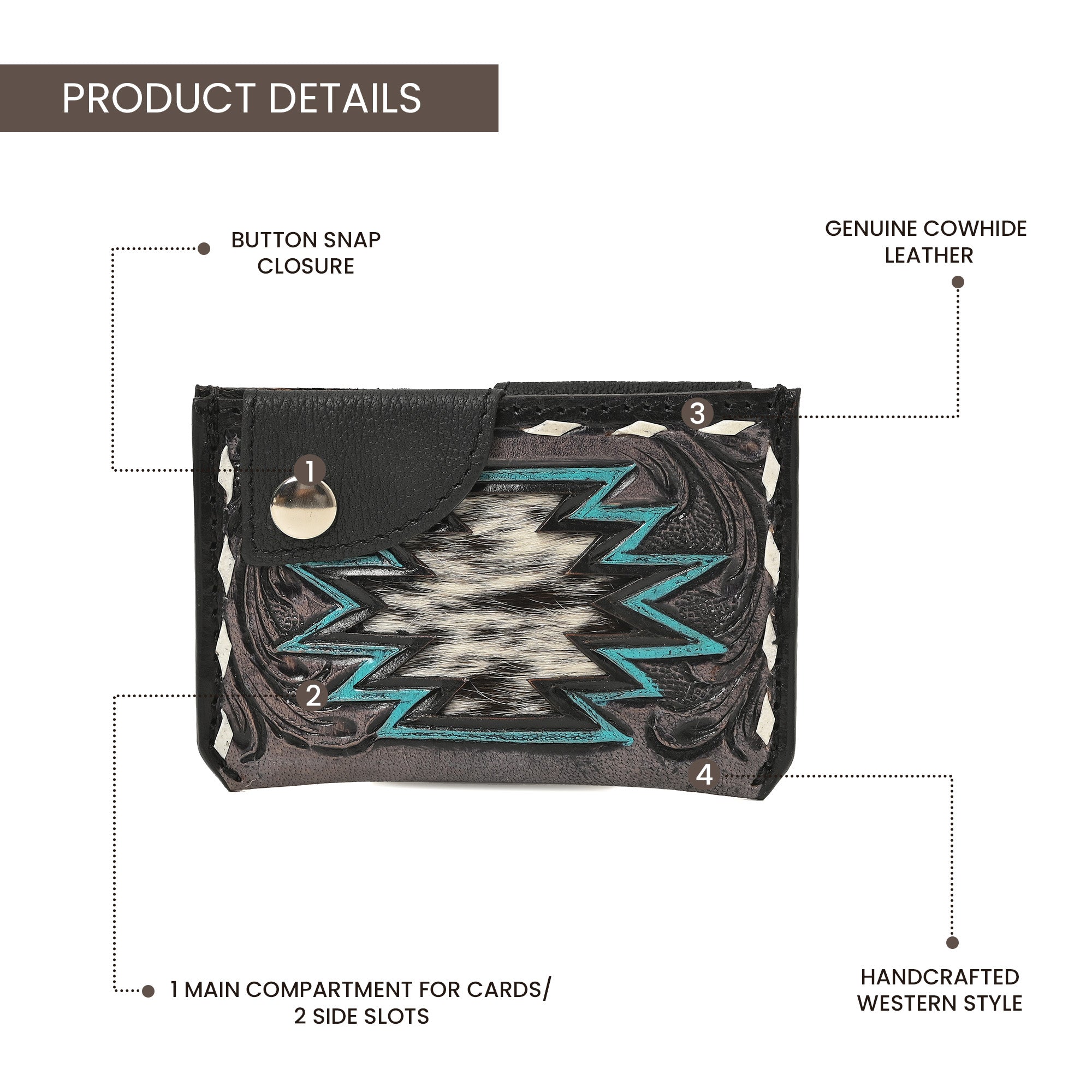 Thunderhide Leather Snap Cardholder – Western Tooled Slim Wallet with Cowhide Detail