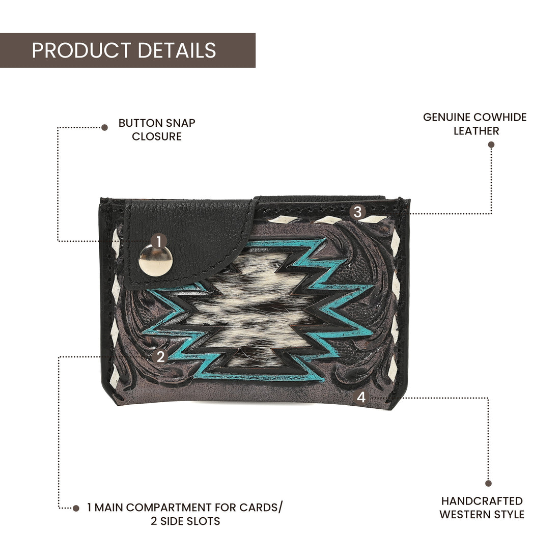 Thunderhide Leather Snap Cardholder – Western Tooled Slim Wallet with Cowhide Detail