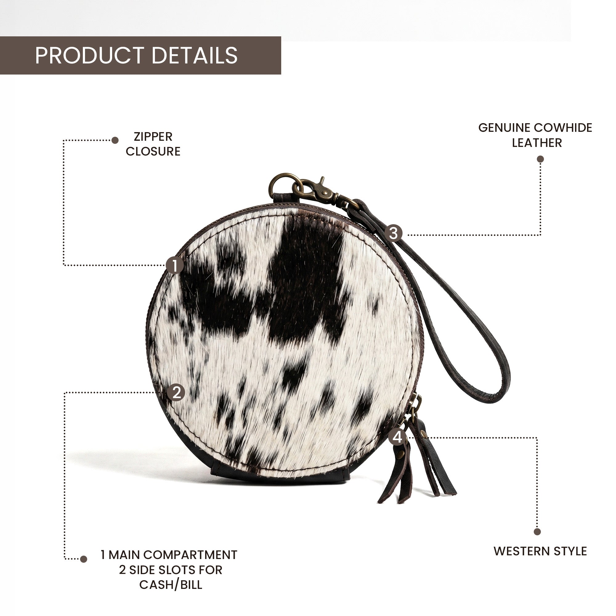 Hair-On Cowhide Round Wristlet Wallet – Western Leather Zipper Pouch with Strap & Tassel