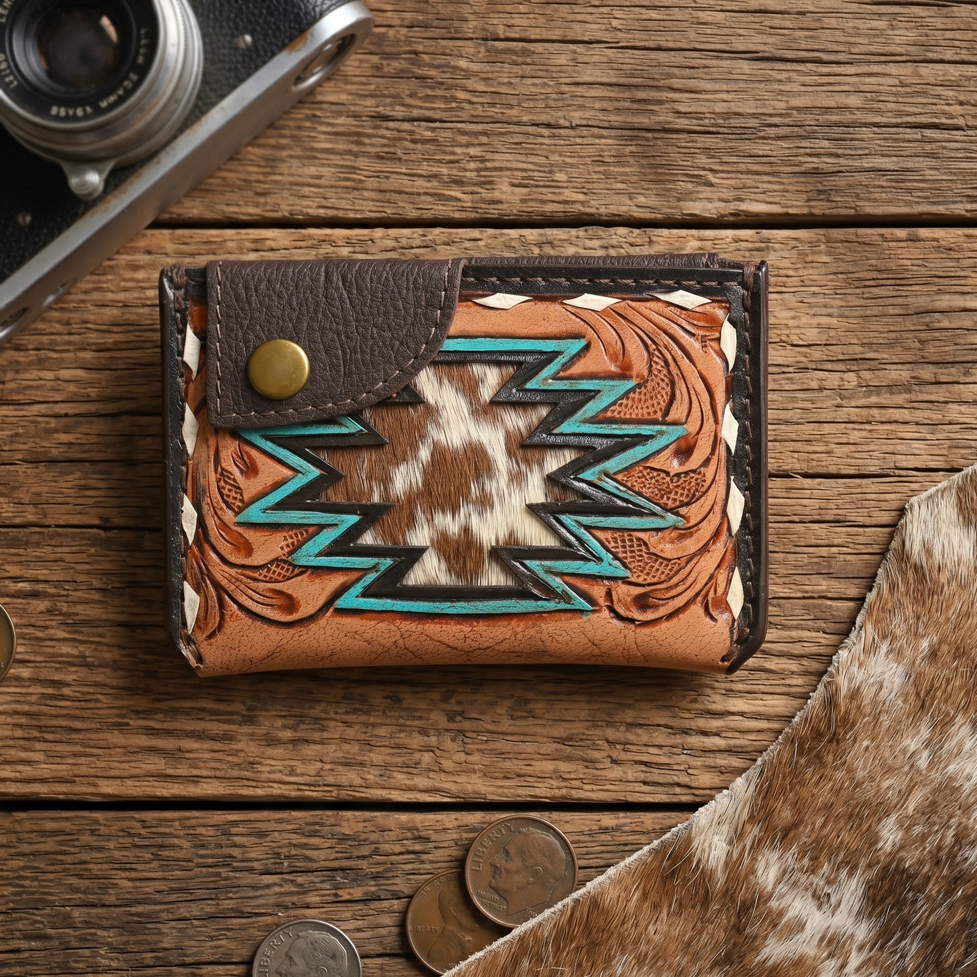 Thunderhide Leather Snap Cardholder – Western Tooled Slim Wallet with Cowhide Detail