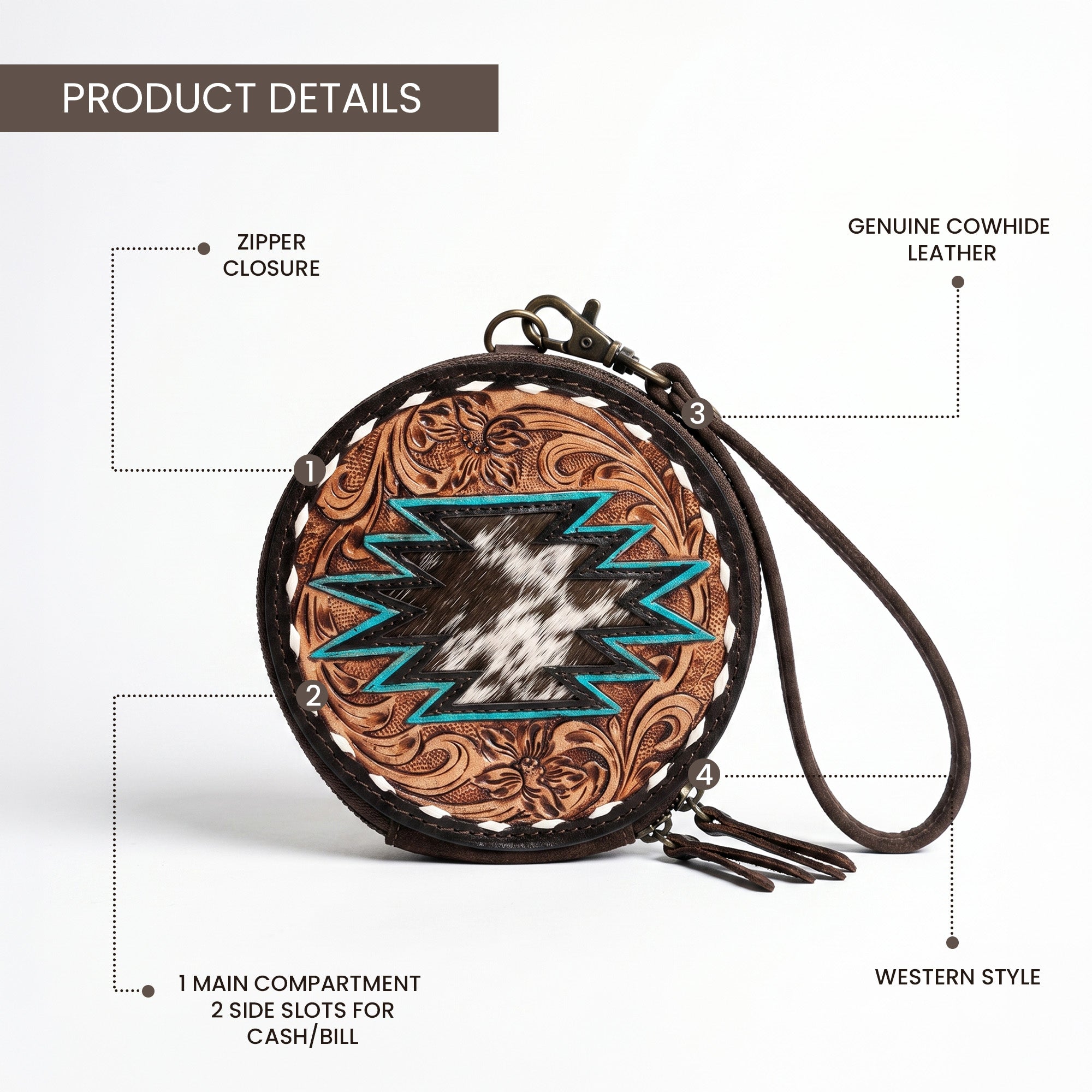 Western Tooled Leather Round Wristlet Wallet with Hair-On Cowhide & Turquoise Aztec Design