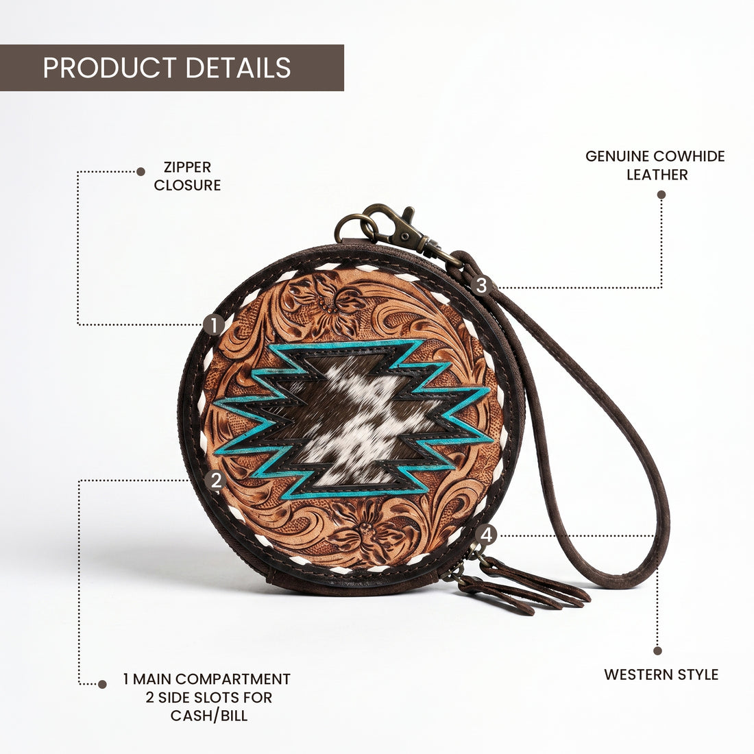 Western Tooled Leather Round Wristlet Wallet with Hair-On Cowhide & Turquoise Aztec Design