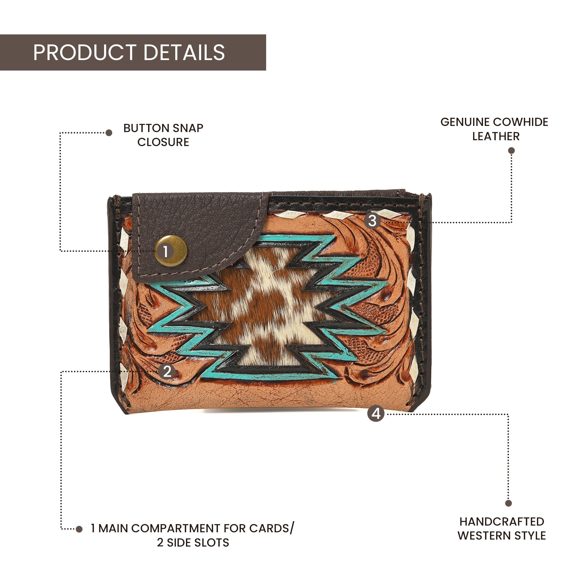 Thunderhide Leather Snap Cardholder – Western Tooled Slim Wallet with Cowhide Detail
