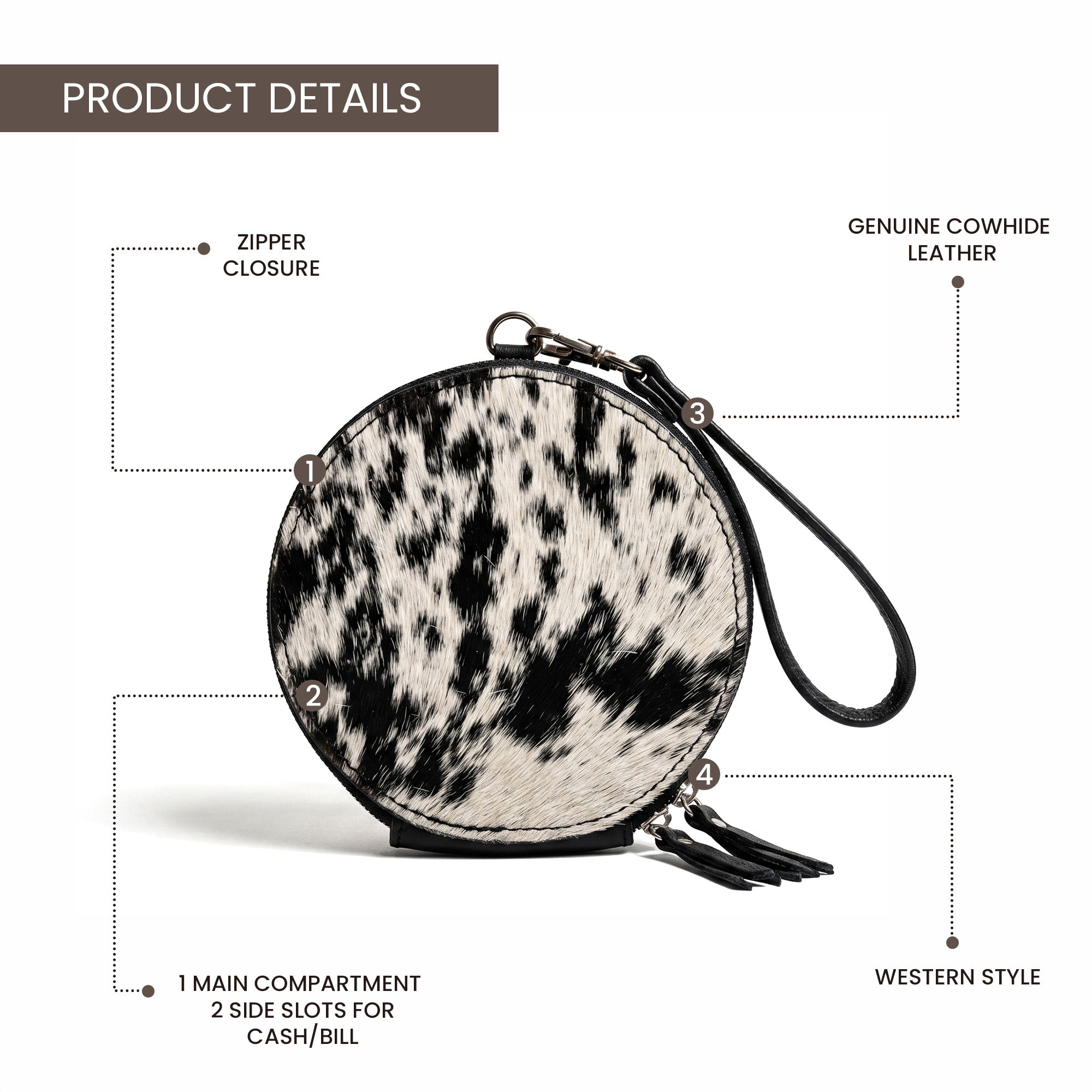 Hair-On Cowhide Round Wristlet Wallet – Western Leather Zipper Pouch with Strap & Tassel (Copy)