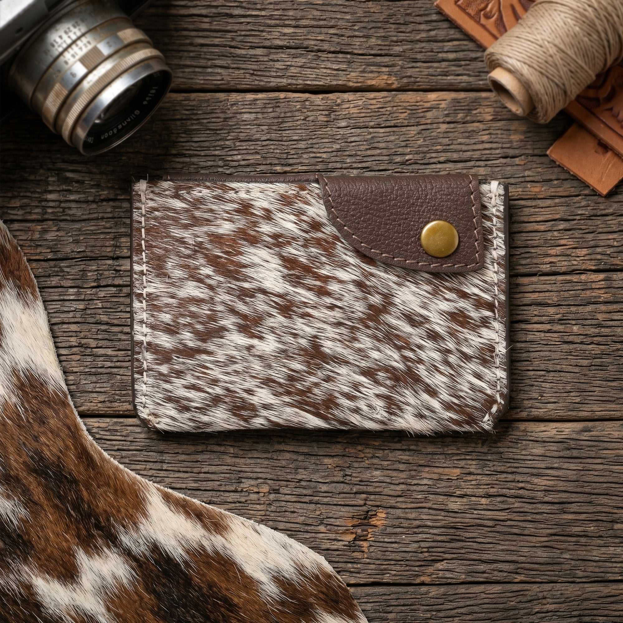 Western Cowhide Leather Snap Cardholder – Slim Hair-On Wallet with Button Closure