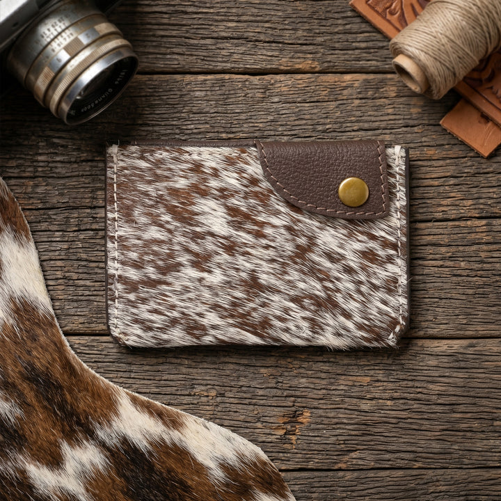 Western Cowhide Leather Snap Cardholder – Slim Hair-On Wallet with Button Closure