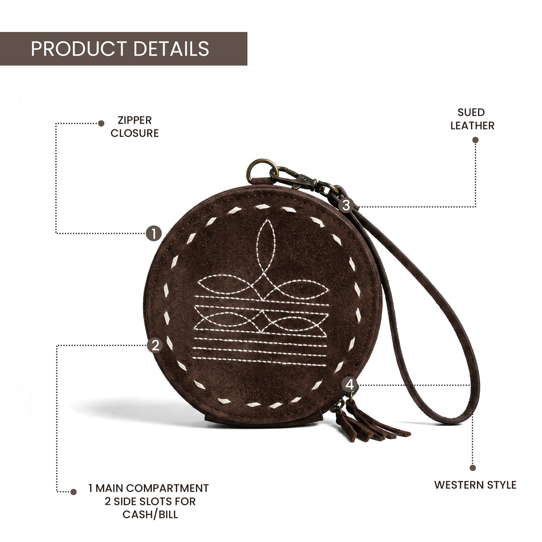 Cowgirl Boot Stitch Wristlet Wallet | Western Leather Round Pouch