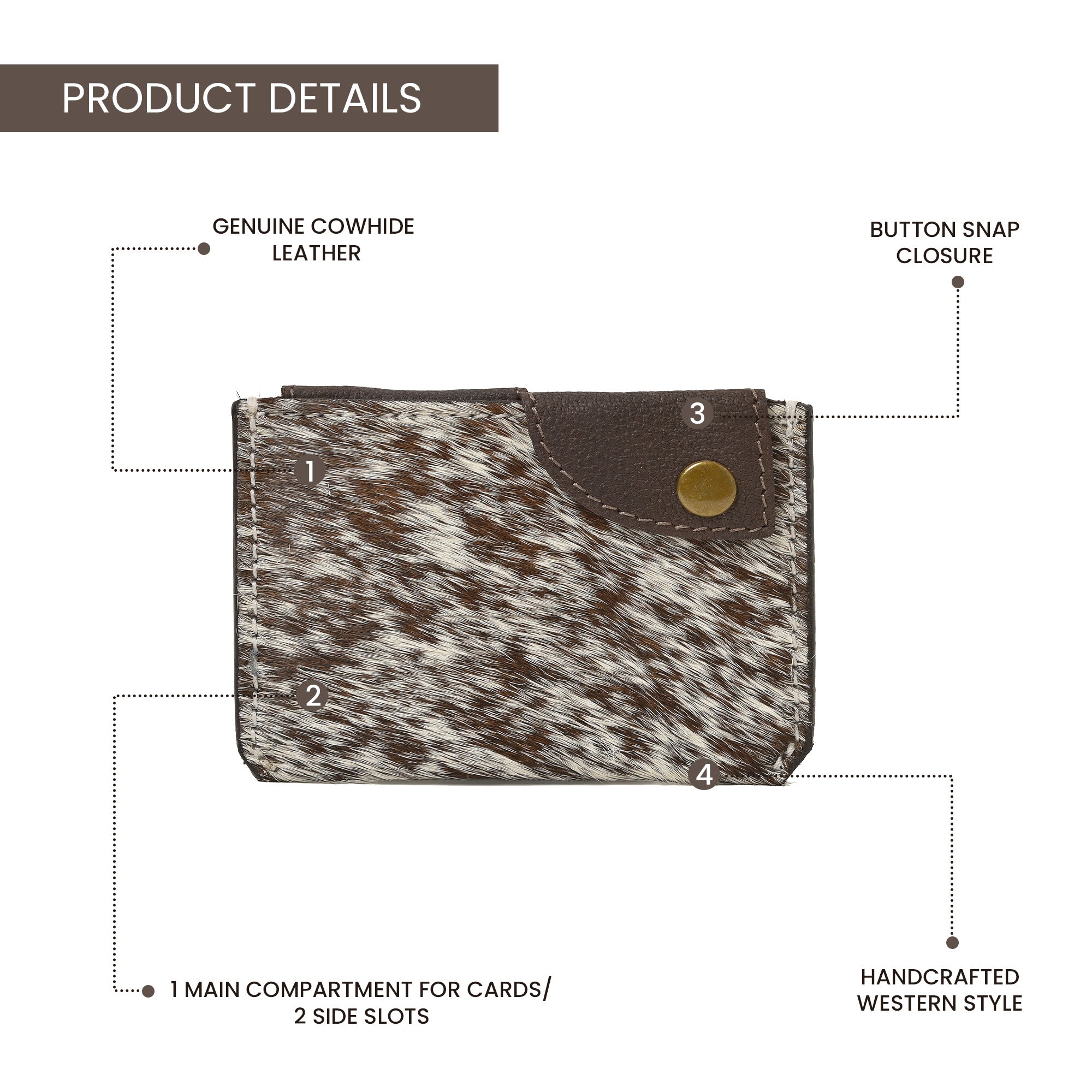 Western Cowhide Leather Snap Cardholder – Slim Hair-On Wallet with Button Closure