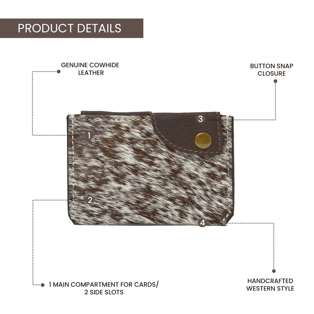 Western Cowhide Leather Snap Cardholder – Slim Hair-On Wallet with Button Closure