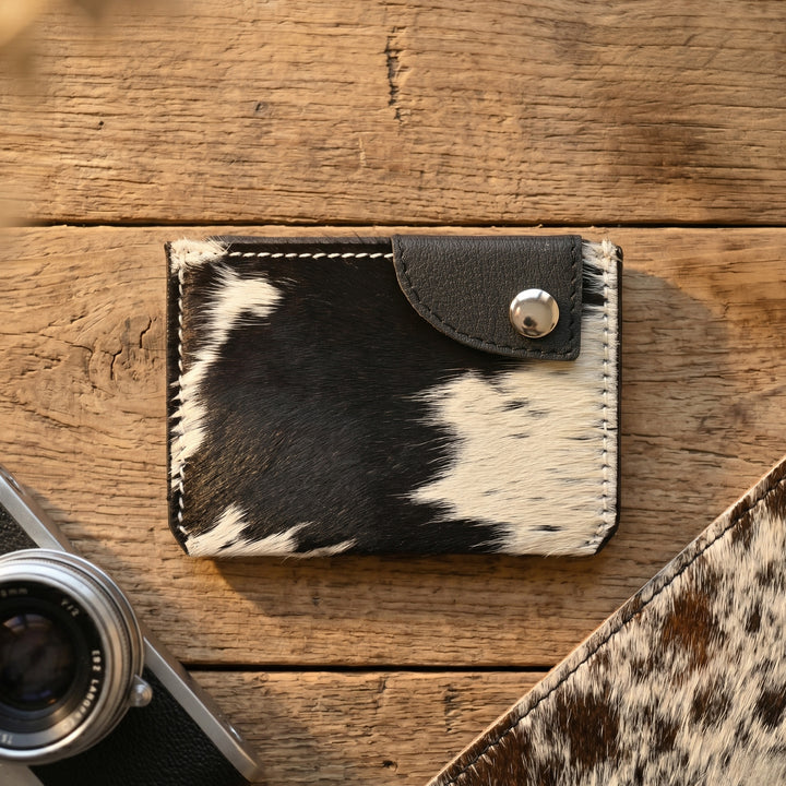 Western Cowhide Leather Snap Cardholder – Slim Hair-On Wallet with Button Closure
