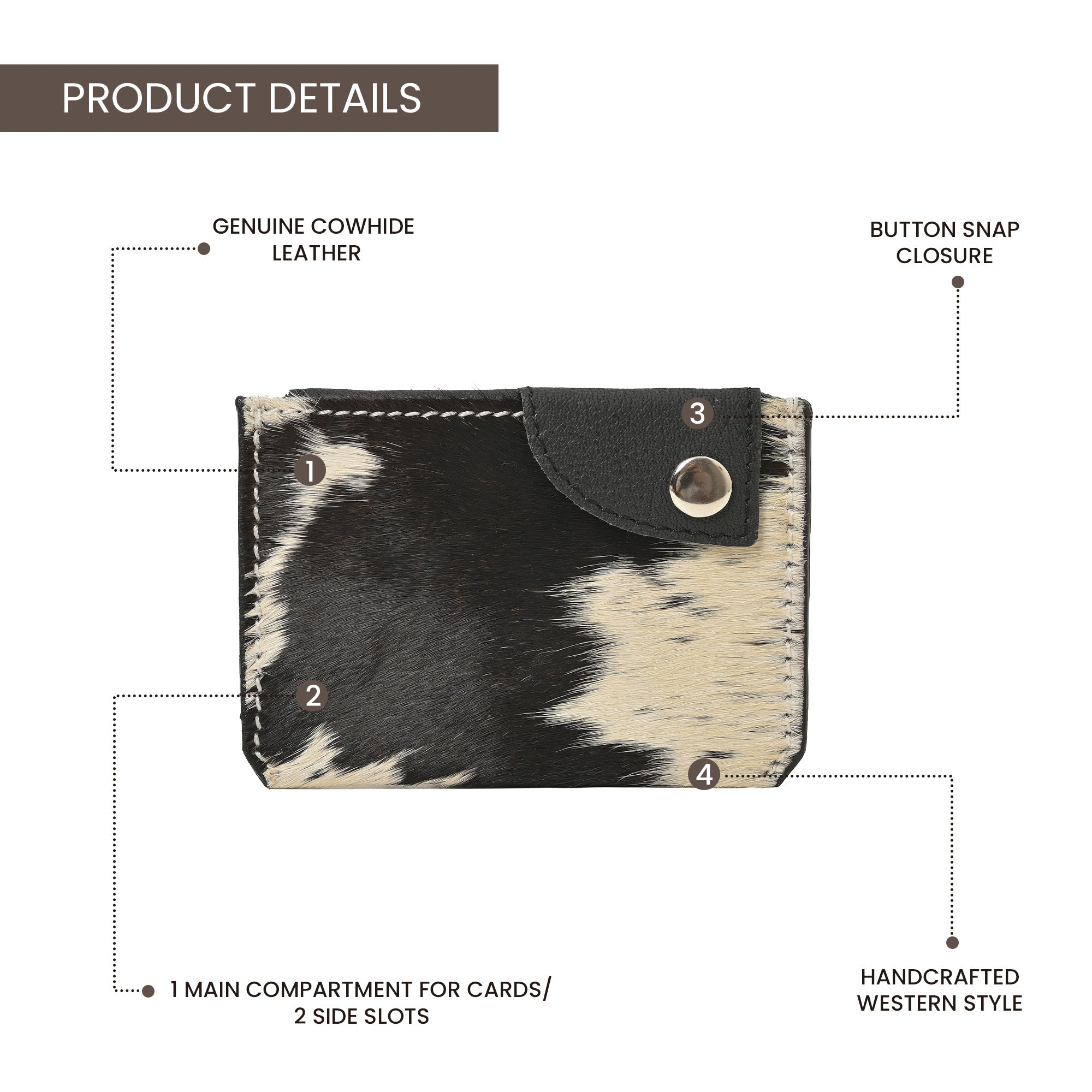 Western Cowhide Leather Snap Cardholder – Slim Hair-On Wallet with Button Closure