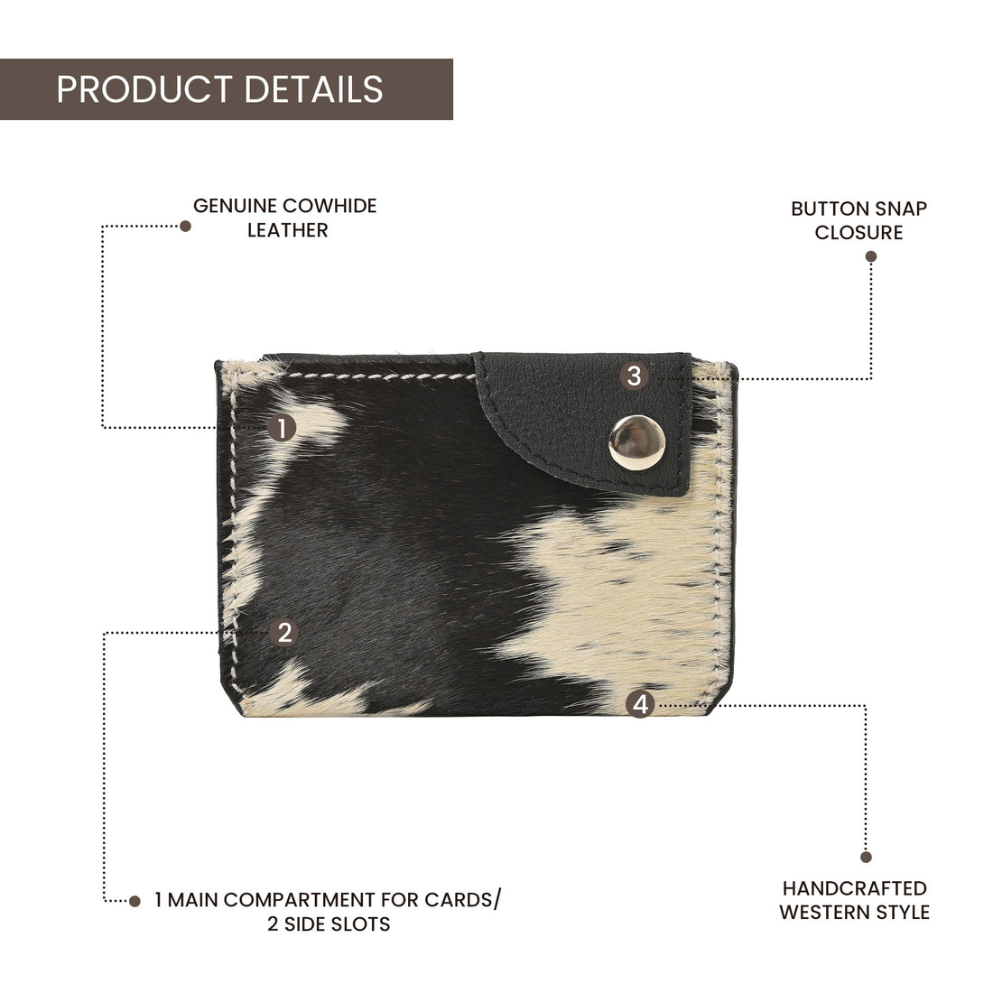 Western Cowhide Leather Snap Cardholder – Slim Hair-On Wallet with Button Closure