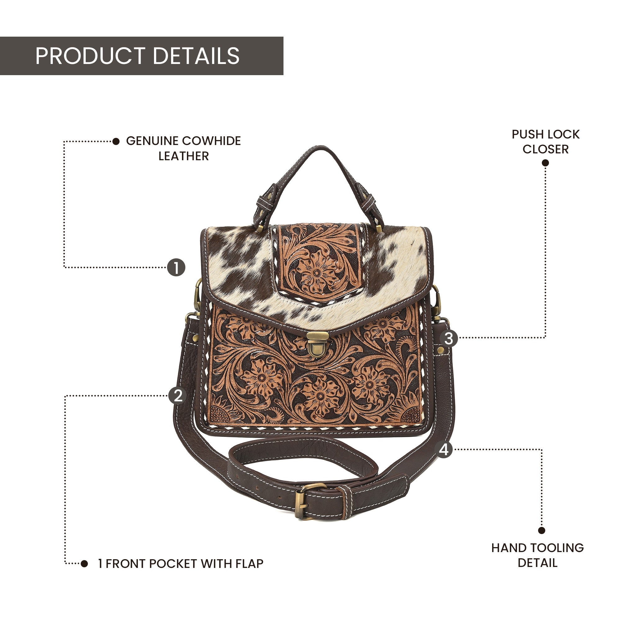 Cowhide Floral Ranger Leather Bag – Western Tooled Handbag with Crossbody Strap