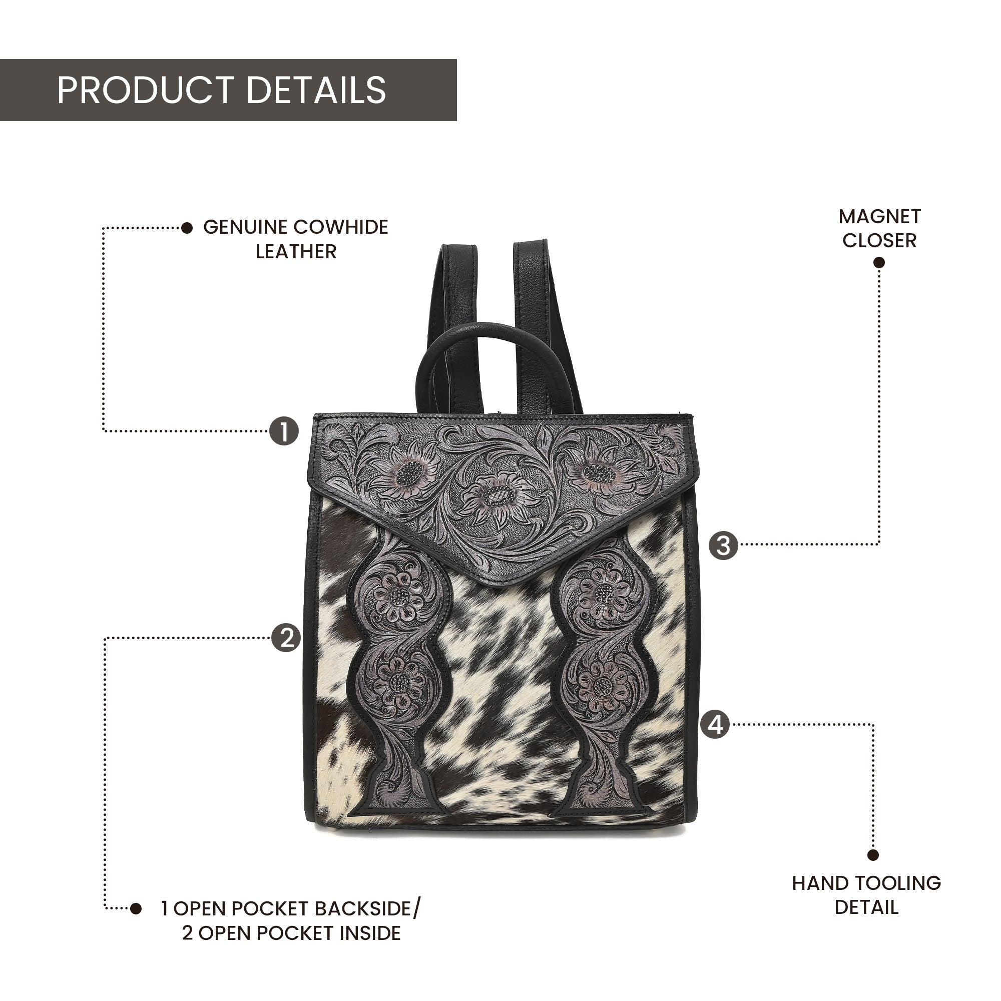 Cowhide Western Bloom Leather Backpack – Floral Tooled Hair-On Leather Bag