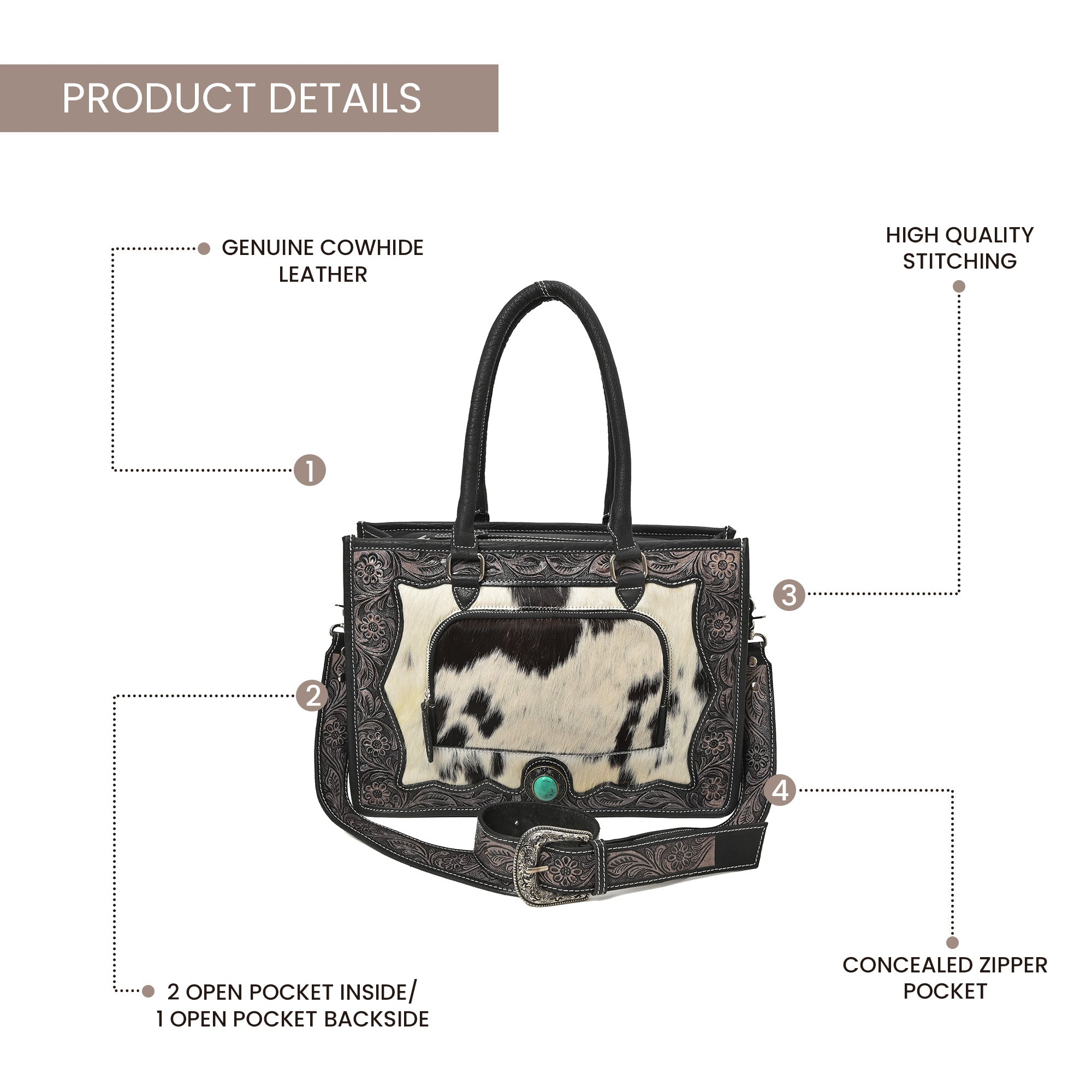 Desert Bloom Western Leather Tote Bag – Cowhide Floral Tooled Handbag with Strap