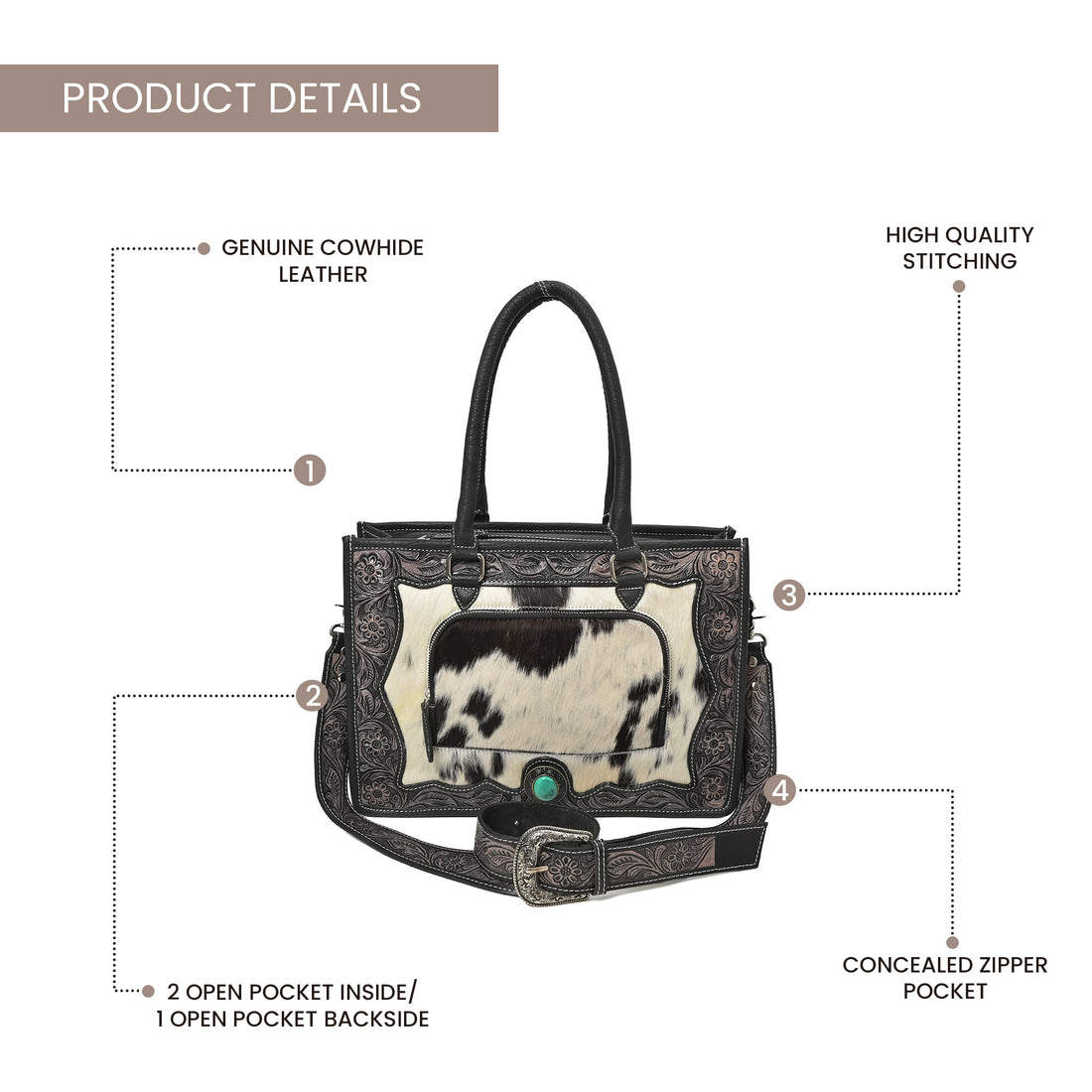 Desert Bloom Western Leather Tote Bag – Cowhide Floral Tooled Handbag with Strap