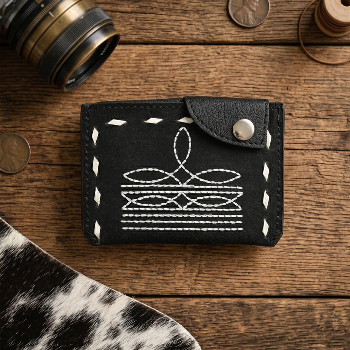 Boot Stitch Leather Snap Cardholder – Western Style Slim Wallet with Button Closure