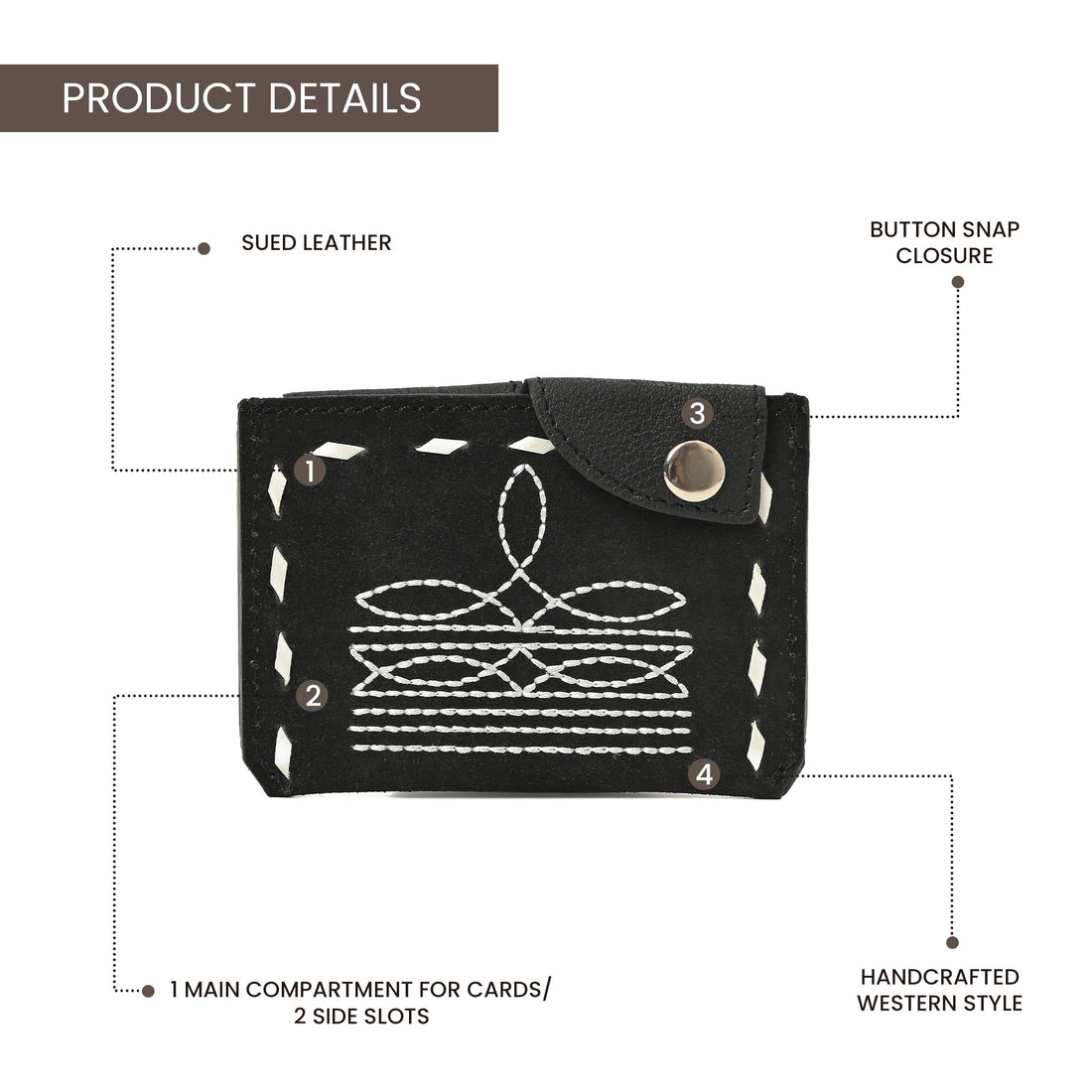 Boot Stitch Leather Snap Cardholder – Western Style Slim Wallet with Button Closure
