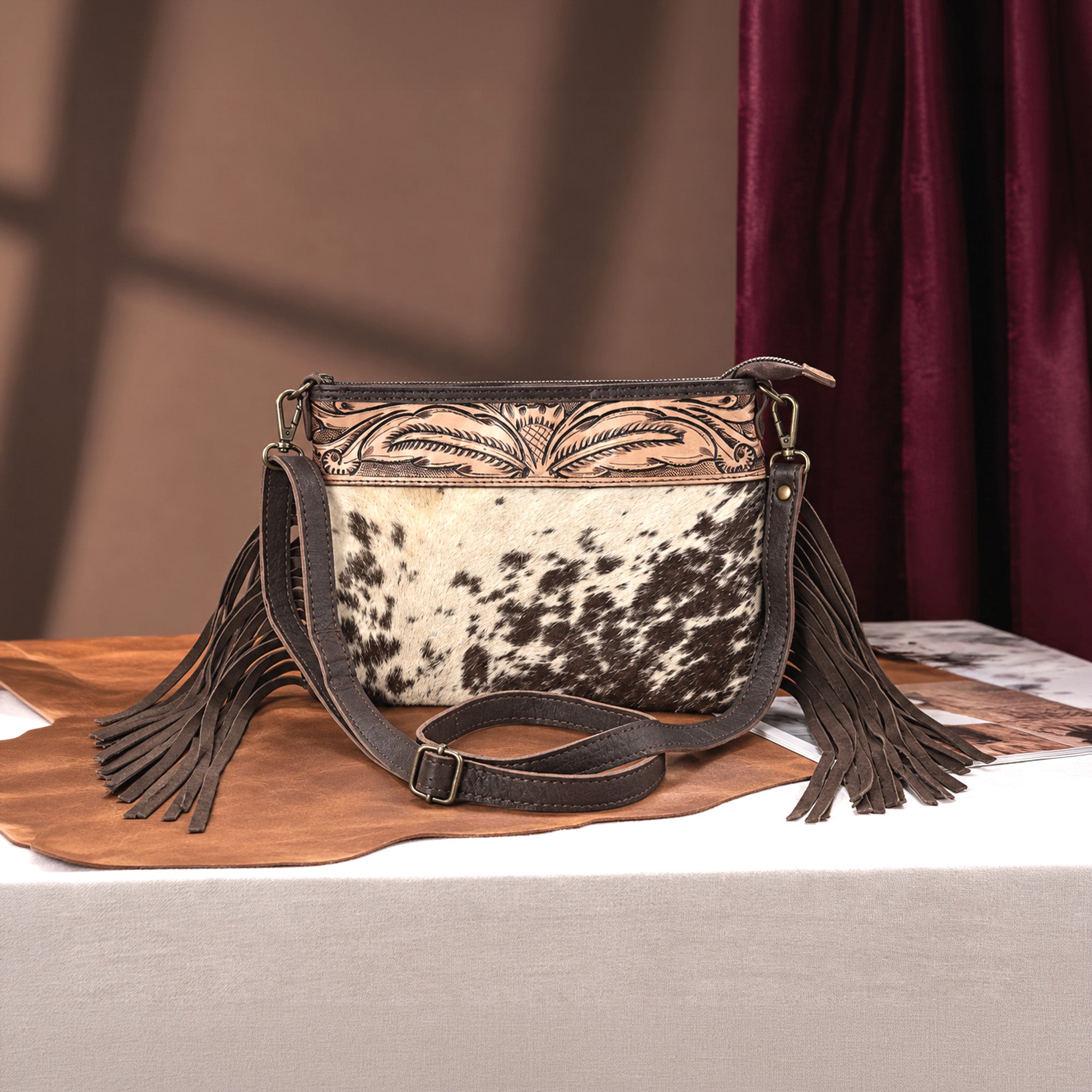 Cowhide Hairon & Tooled Leather Crossbody Bag