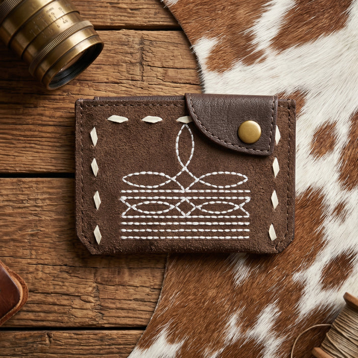 Boot Stitch Leather Snap Cardholder – Western Style Slim Wallet with Button Closure