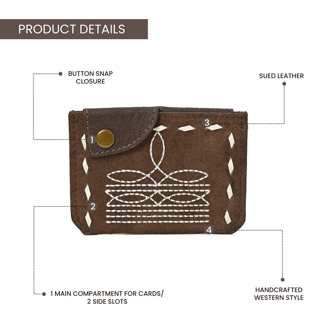 Boot Stitch Leather Snap Cardholder – Western Style Slim Wallet with Button Closure