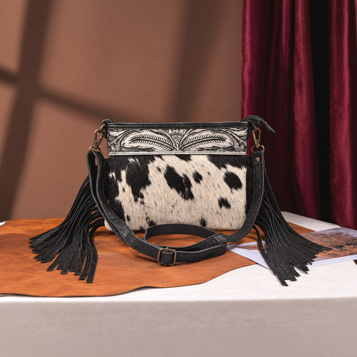 Cowhide Hairon & Tooled Leather Crossbody Bag