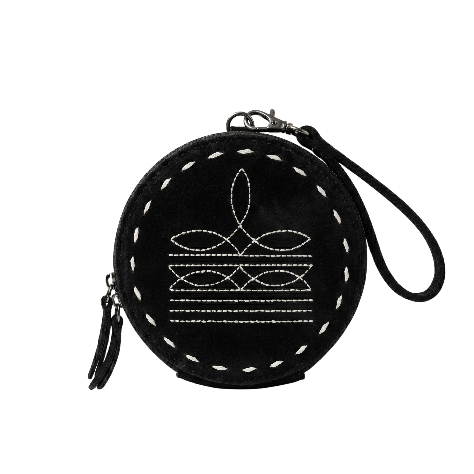 Back view of black western leather round wristlet wallet