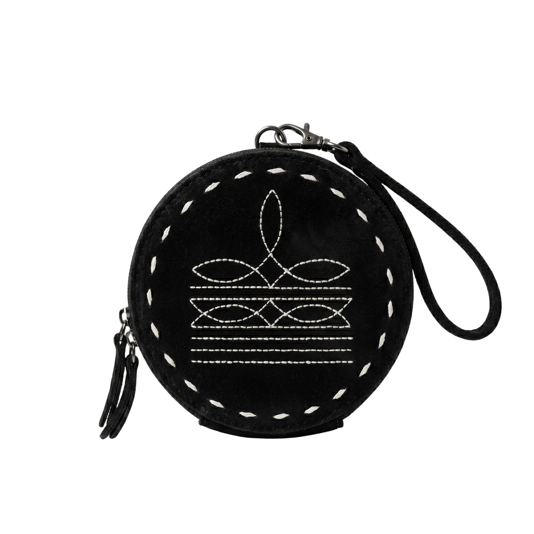 Back view of black western leather round wristlet wallet