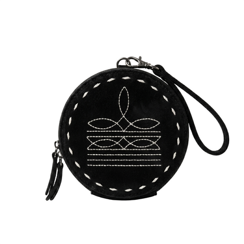Back view of black western leather round wristlet wallet