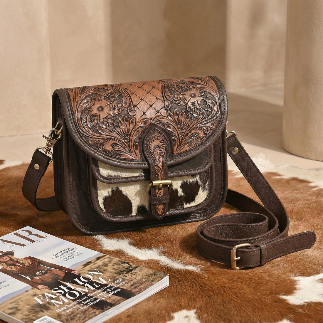 Rustic Raven Crossbody – Western Cowhide Leather Bag