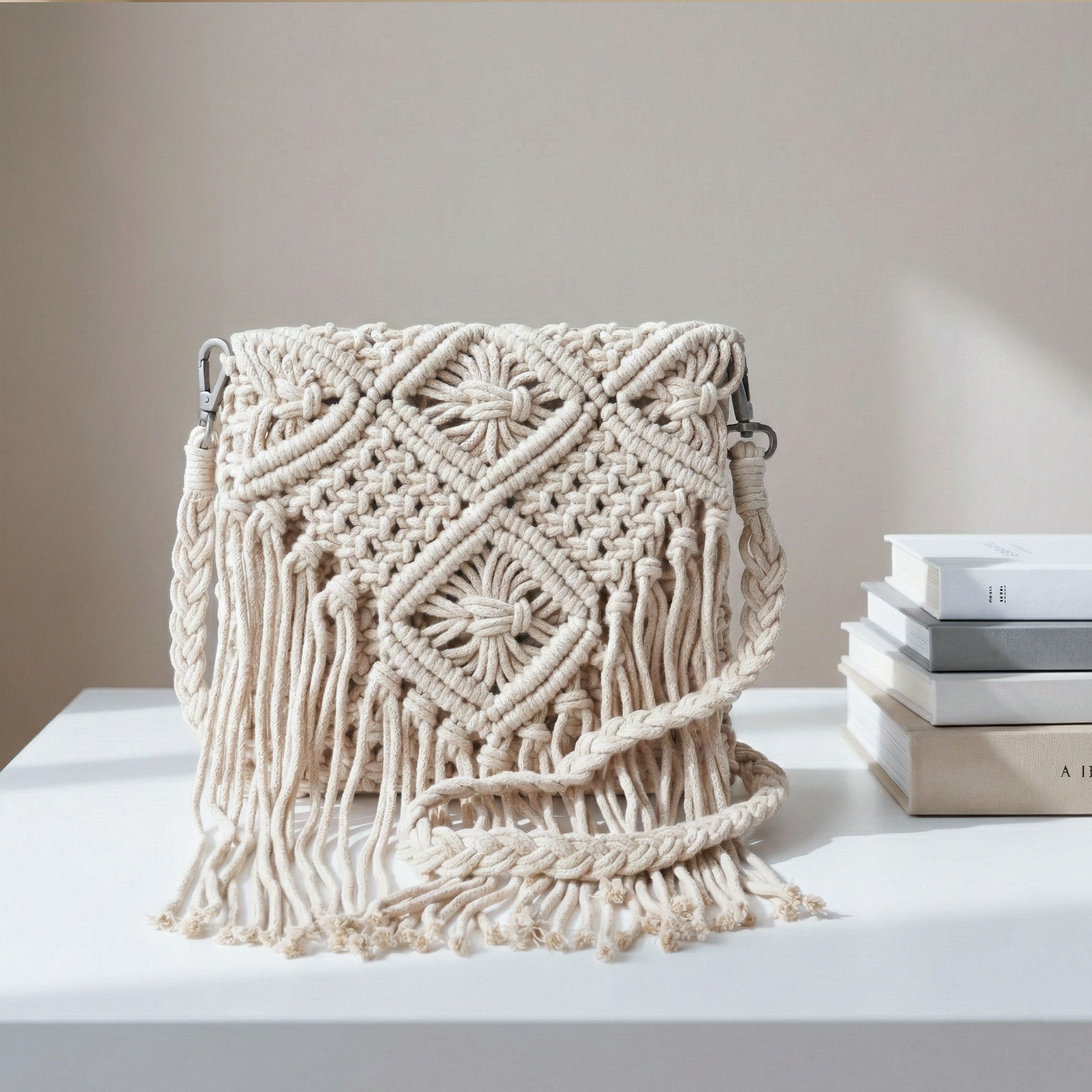Boho Cotton Macrame Fringe Crossbody Bag – Handmade Woven Crochet Tassel Purse for Women