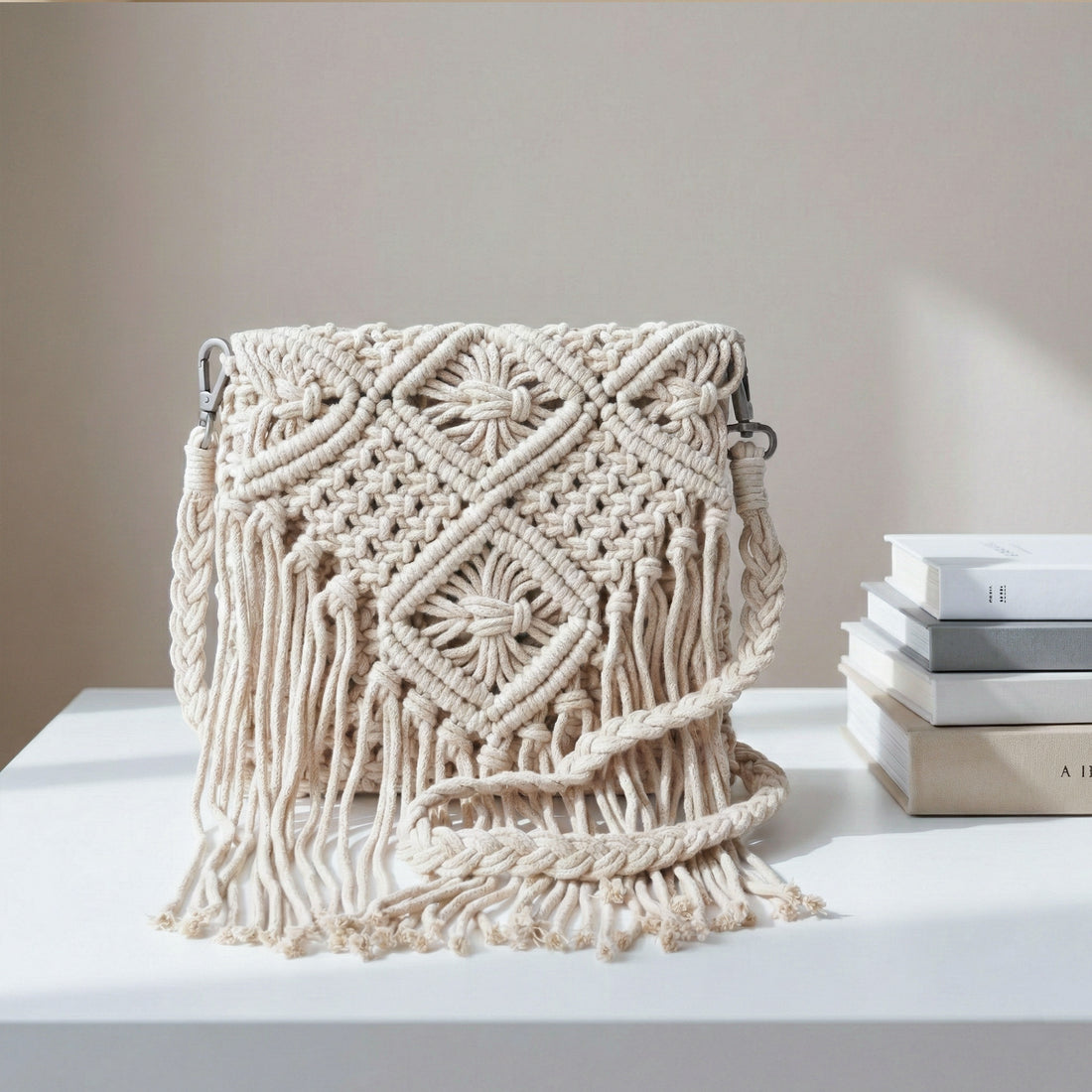 Boho Cotton Macrame Fringe Crossbody Bag – Handmade Woven Crochet Tassel Purse for Women