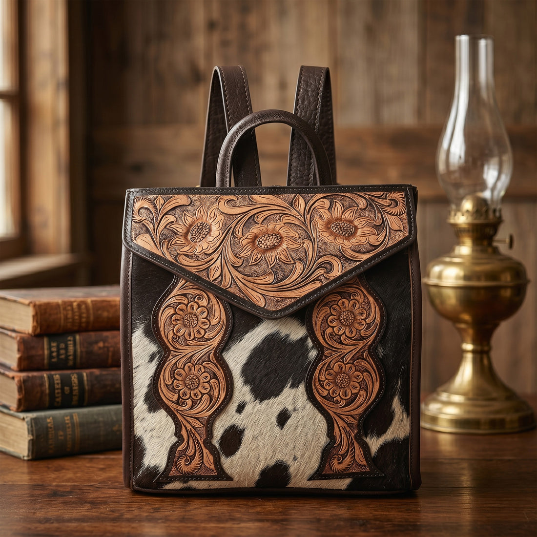Cowhide Western Bloom Leather Backpack – Floral Tooled Hair-On Leather Bag