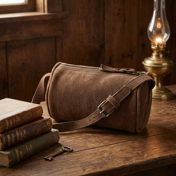 Suncrest Leather Cosmetic Pouch – Suede Makeup Bag with Zipper & Strap