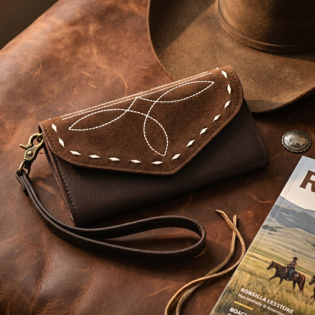Cowgirl Boot Stitch Leather Wristlet Wallet – Western Style Clutch with Strap