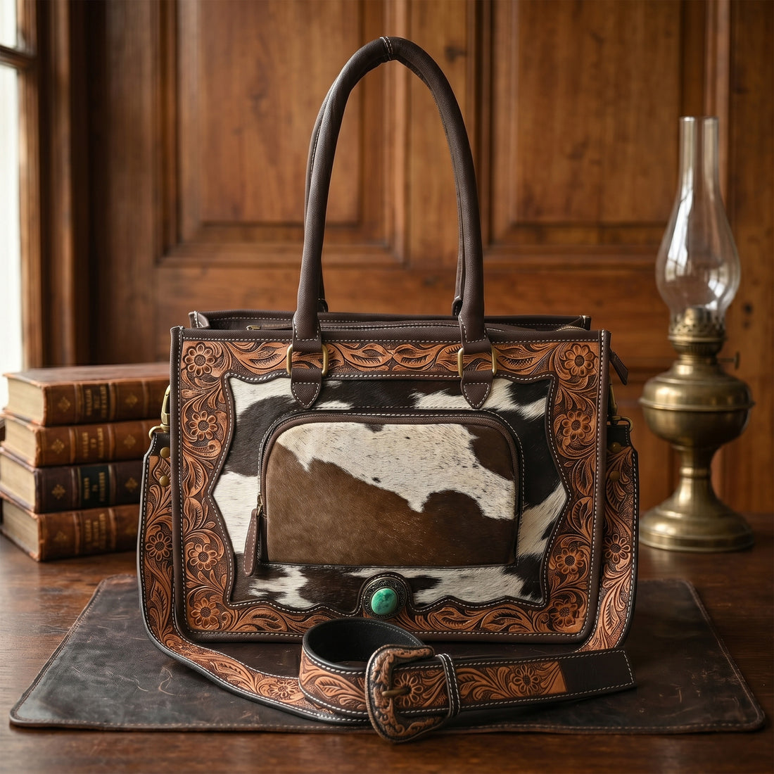 Desert Bloom Western Leather Tote Bag – Cowhide Floral Tooled Handbag with Strap