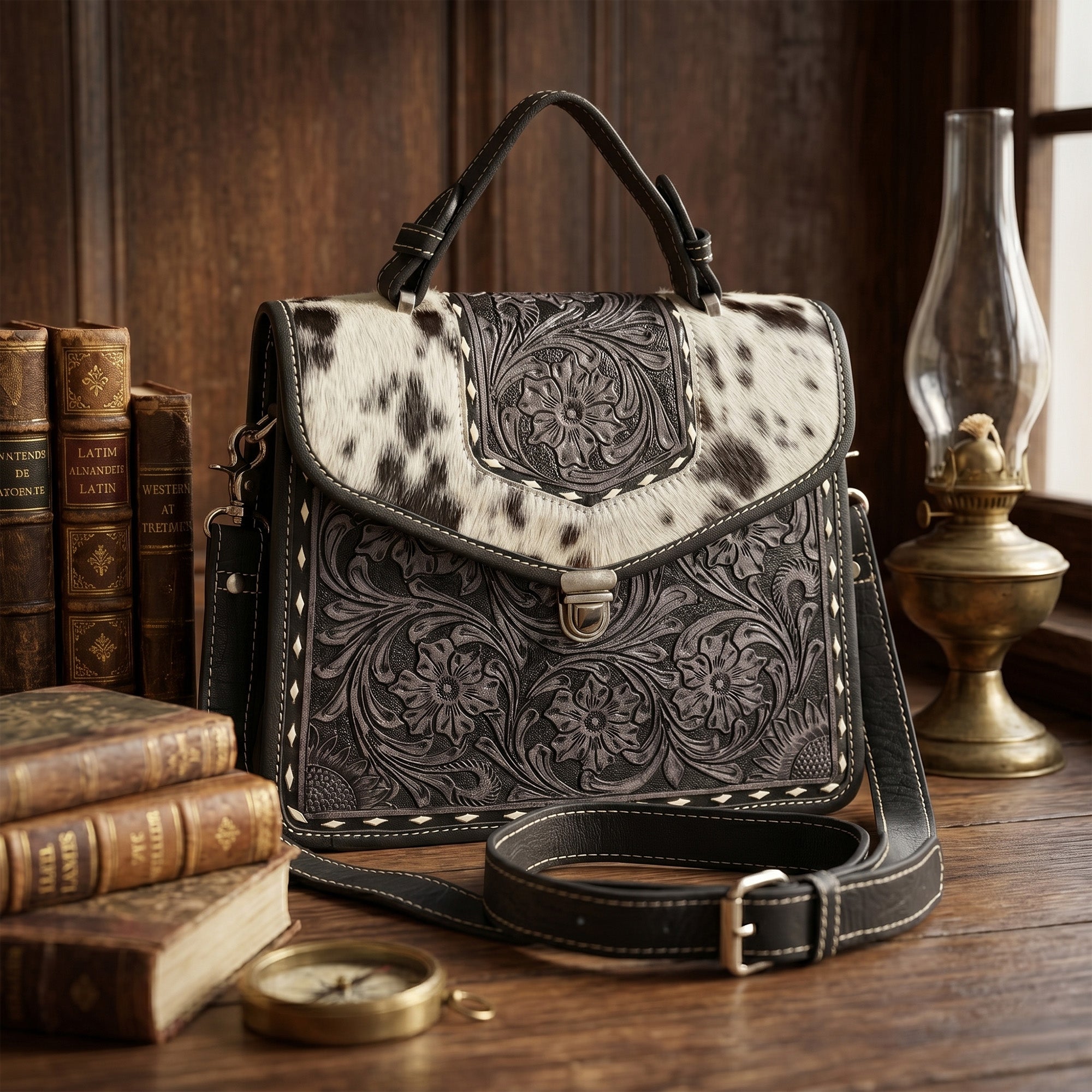 Cowhide Floral Ranger Leather Bag – Western Tooled Handbag with Crossbody Strap