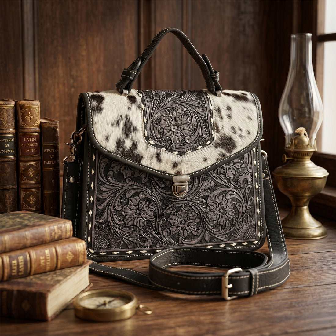 Cowhide Floral Ranger Leather Bag – Western Tooled Handbag with Crossbody Strap