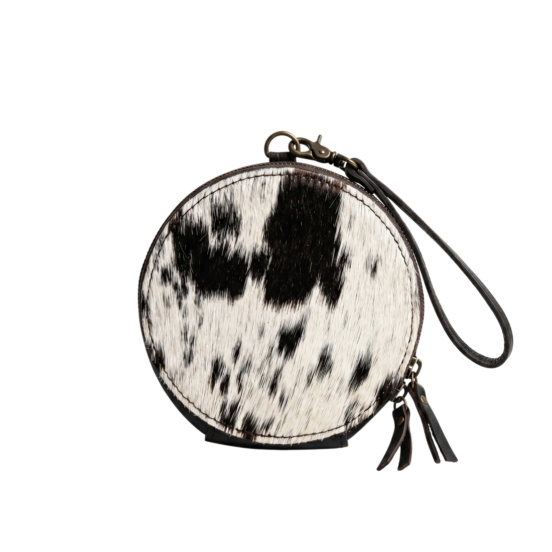 Hair-On Cowhide Round Wristlet Wallet – Western Leather Zipper Pouch with Strap & Tassel