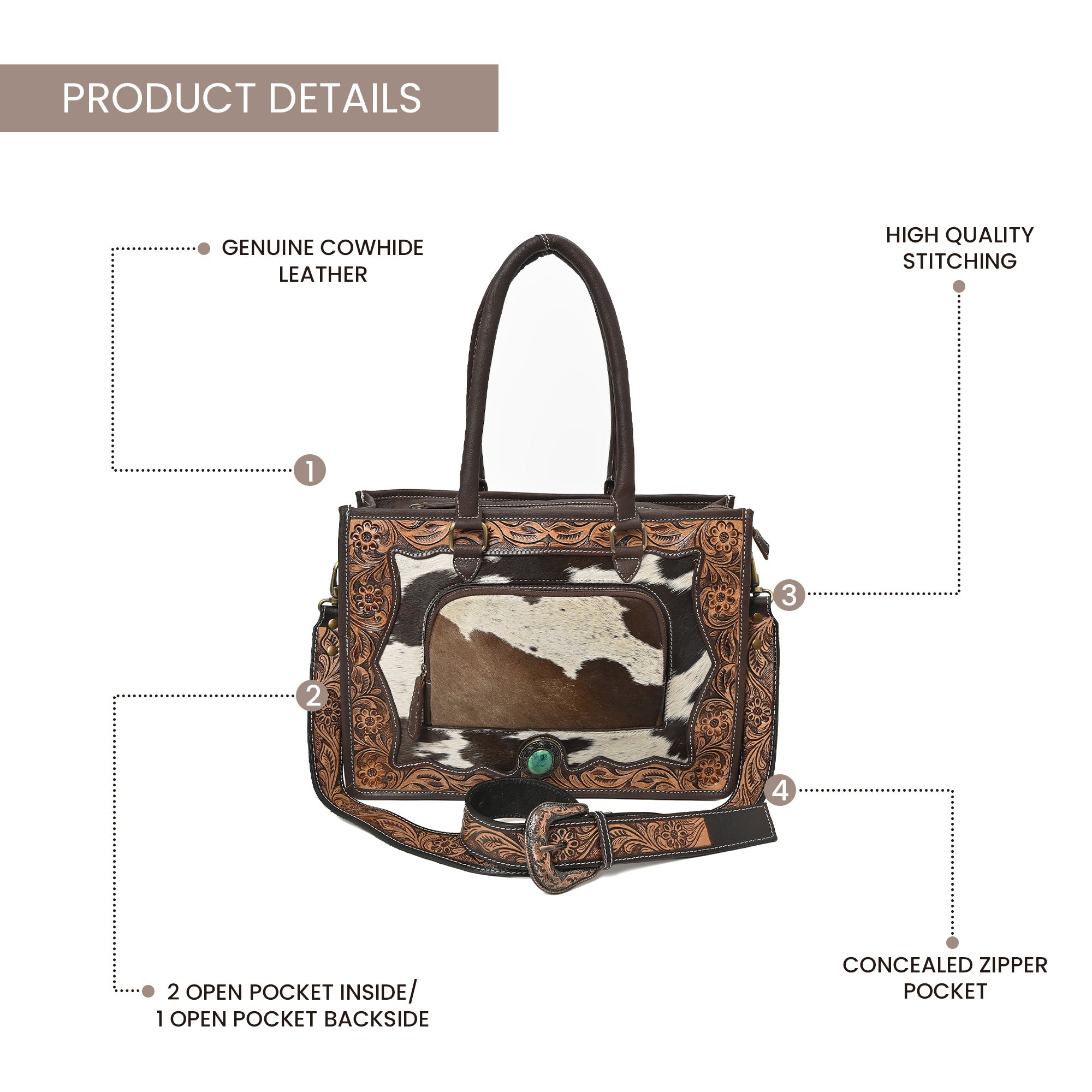Desert Bloom Western Leather Tote Bag – Cowhide Floral Tooled Handbag with Strap