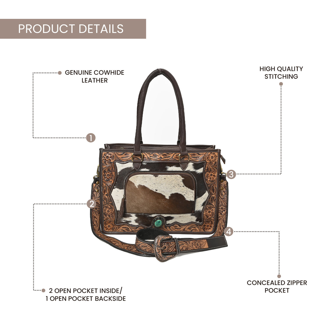 Desert Bloom Western Leather Tote Bag – Cowhide Floral Tooled Handbag with Strap