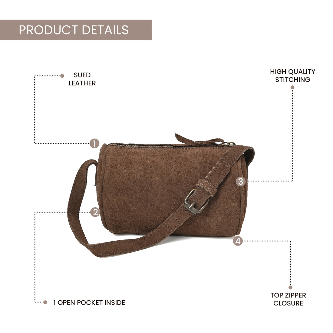 Suncrest Leather Cosmetic Pouch – Suede Makeup Bag with Zipper & Strap
