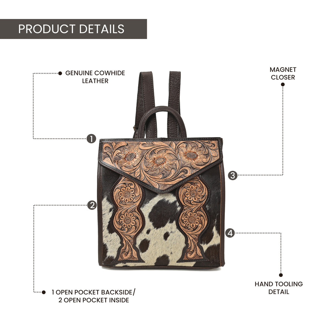 Cowhide Western Bloom Leather Backpack – Floral Tooled Hair-On Leather Bag