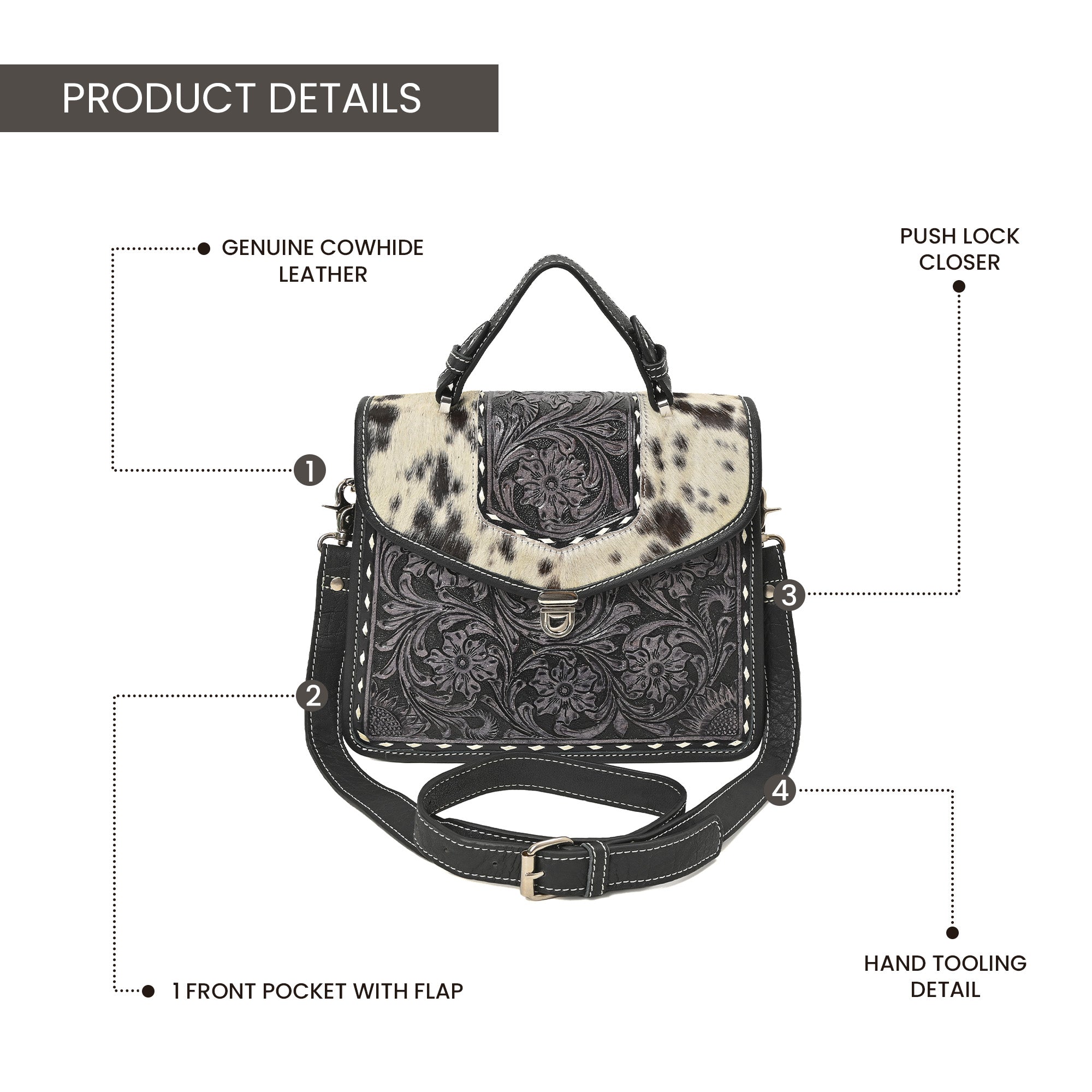 Cowhide Floral Ranger Leather Bag – Western Tooled Handbag with Crossbody Strap