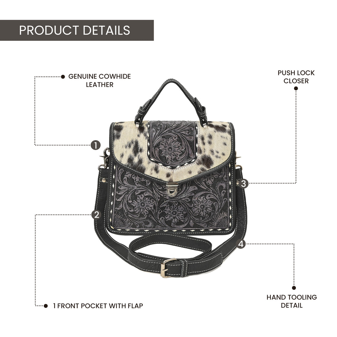 Cowhide Floral Ranger Leather Bag – Western Tooled Handbag with Crossbody Strap