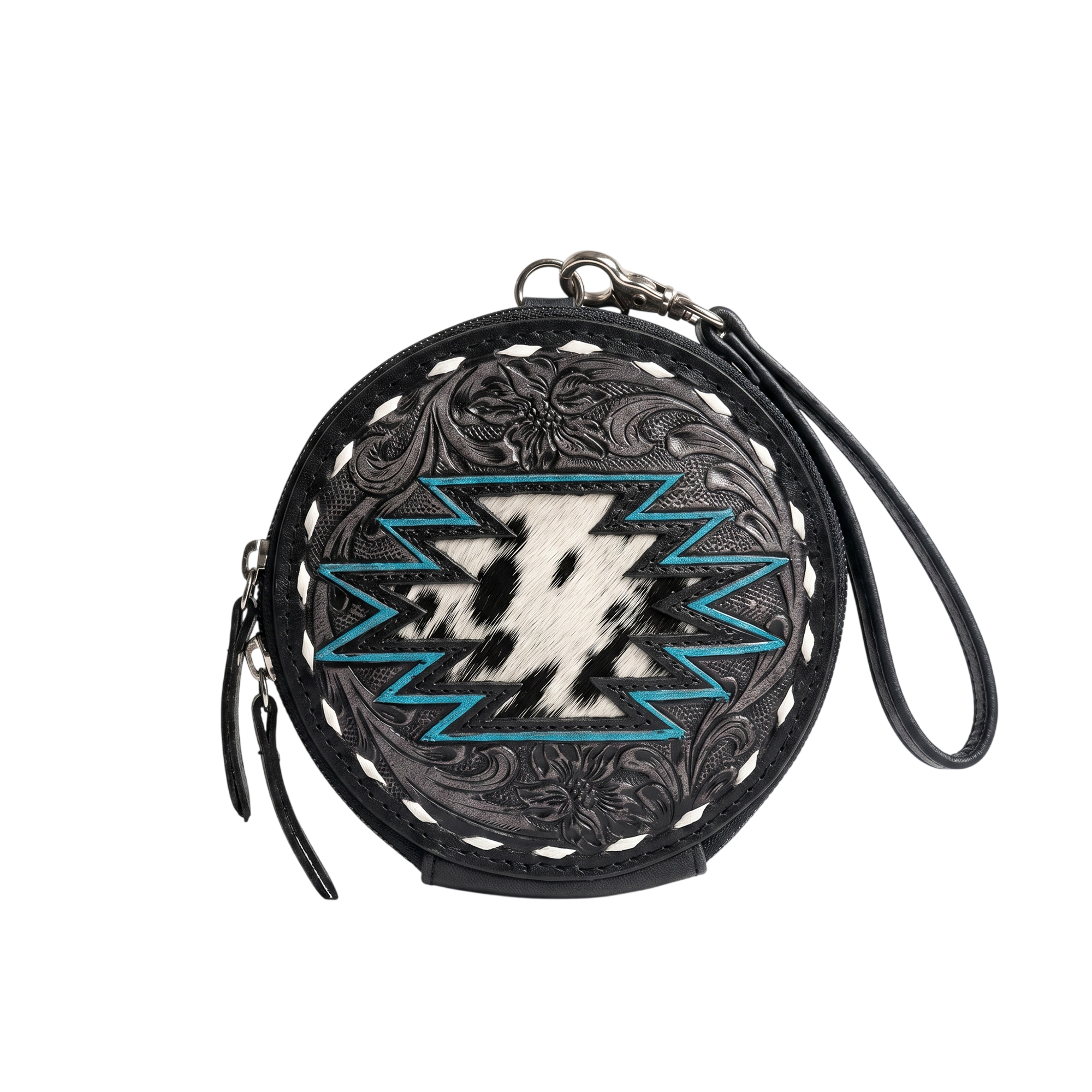 Western Tooled Leather Round Wristlet Wallet with Hair-On Cowhide & Turquoise Aztec Design