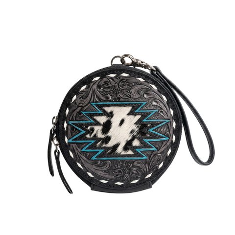 Western Tooled Leather Round Wristlet Wallet with Hair-On Cowhide & Turquoise Aztec Design