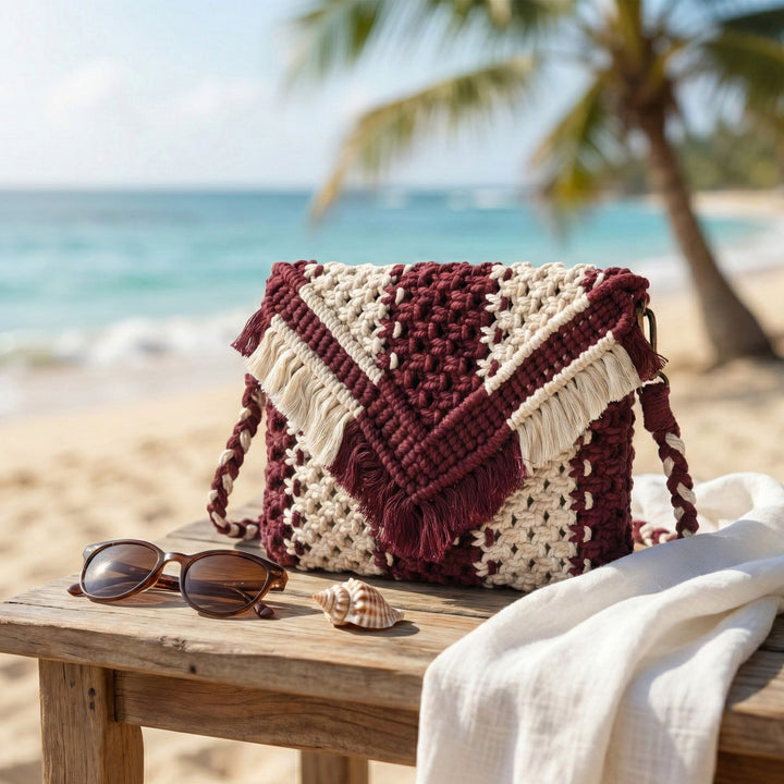 Boho Cotton Macrame Flap Bag – Handmade Woven Crochet Fringe Crossbody Purse for Women